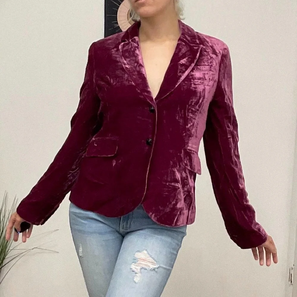 Philippe Adec Button-Up Velvet Blazer Jacket Long Sleeve Size 8 Purple